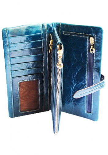 Tara Vintage Oil Wax Cowhide Long Wallet Blue