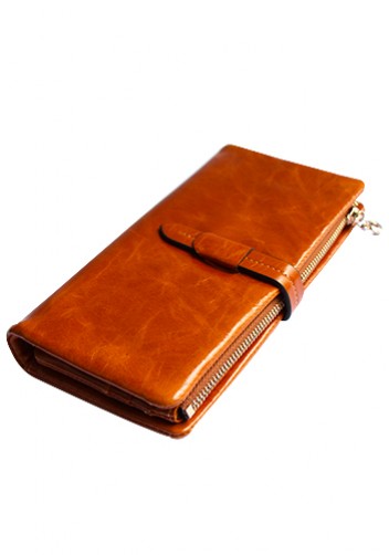 Tara Vintage Oil Wax Cowhide Long Wallet Camel