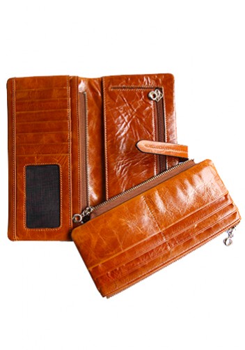 Tara Vintage Oil Wax Cowhide Long Wallet Camel