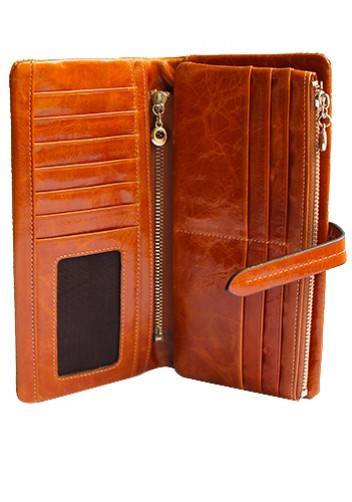Tara Vintage Oil Wax Cowhide Long Wallet Camel