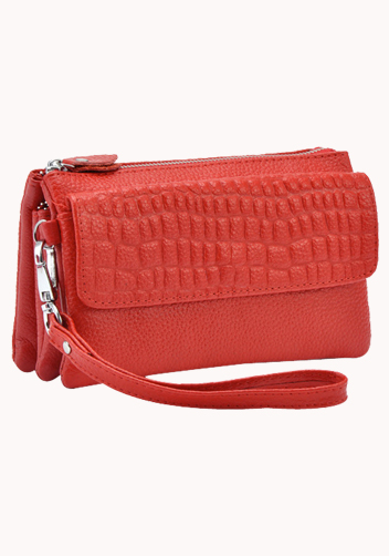 Super Three Pockets Purse Croc Effect Leather Red