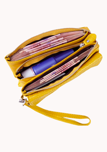 Super Three Pockets Purse Croc Effect Leather Yellow