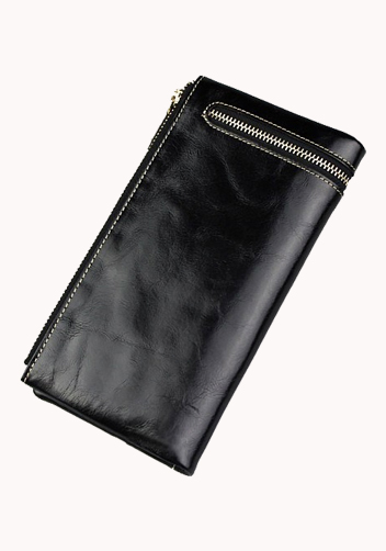 Tina Vintage Oil Wax Cowhide Zip Long Wallet Black