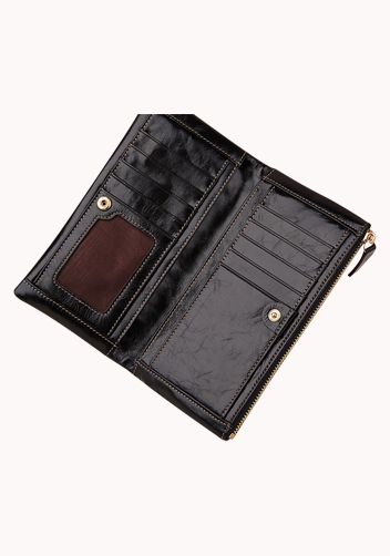 Tina Vintage Oil Wax Cowhide Zip Long Wallet Black