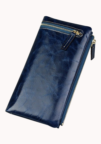 Tina Vintage Oil Wax Cowhide Zip Long Wallet Blue
