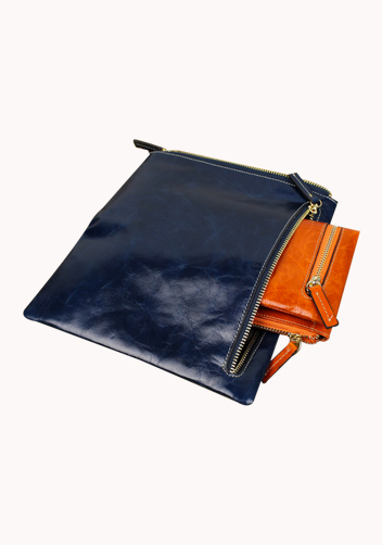 Tina Vintage Oil Wax Cowhide Zip Long Wallet Blue