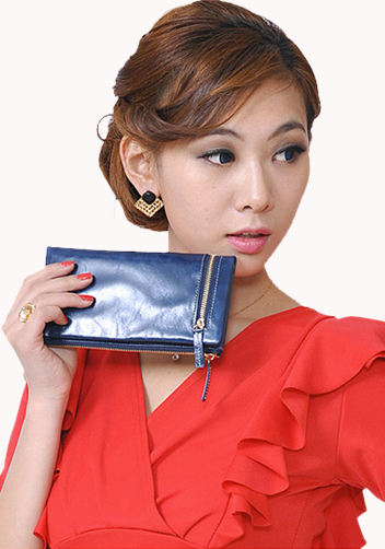 Tina Vintage Oil Wax Cowhide Zip Long Wallet Blue