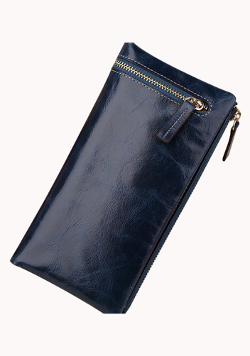 Tina Vintage Oil Wax Cowhide Zip Long Wallet Blue