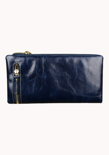 Tina Vintage Oil Wax Cowhide Zip Long Wallet Blue
