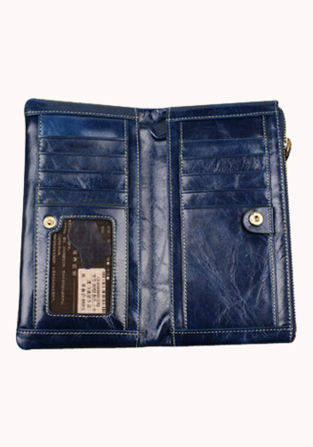 Tina Vintage Oil Wax Cowhide Zip Long Wallet Blue