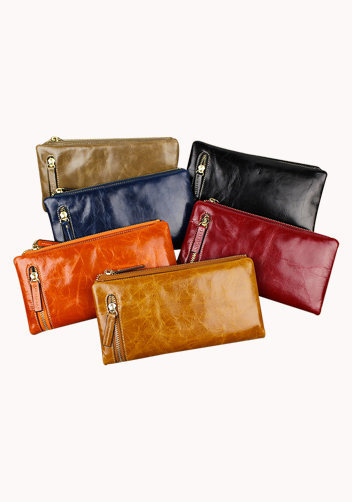 Tina Vintage Oil Wax Cowhide Zip Long Wallet Camel