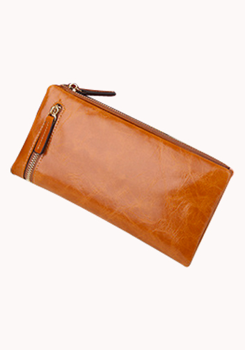 Tina Vintage Oil Wax Cowhide Zip Long Wallet Camel