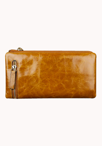 Tina Vintage Oil Wax Cowhide Zip Long Wallet Camel