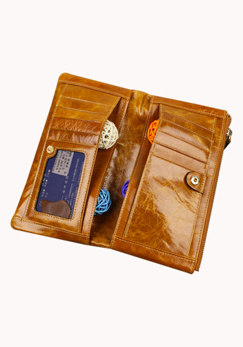 Tina Vintage Oil Wax Cowhide Zip Long Wallet Camel
