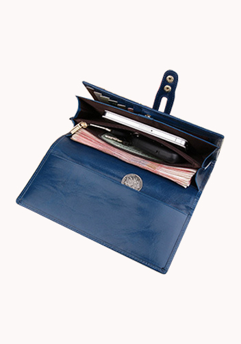 Michaela Vintage Oil Wax Cowhide Tri-Folds Wallet Blue