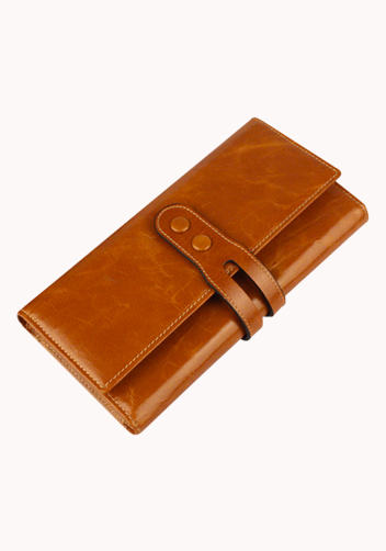 Michaela Vintage Oil Wax Cowhide Tri-Folds Wallet Camel