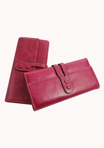 Michaela Vintage Oil Wax Cowhide Tri-Folds Wallet Hot Pink