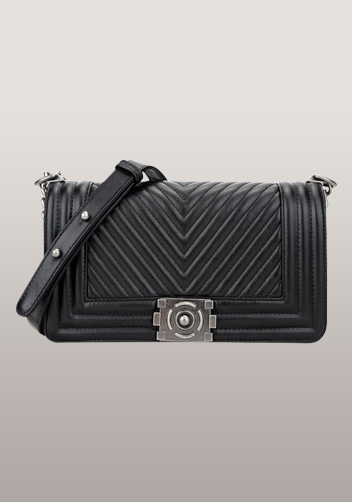 Ingrid V Shape Quilted Medium Leather Bag Black 