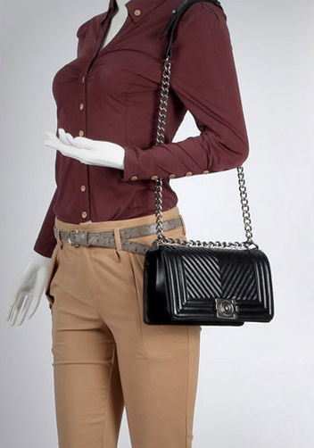 Ingrid V Shape Quilted Medium Leather Bag Black 