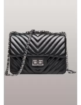 Adele Flap Mini Bag V Shape Quilted Faux Leather Black