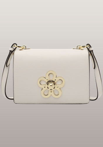 Lena Flower Lock Leather Shoulder Bag White