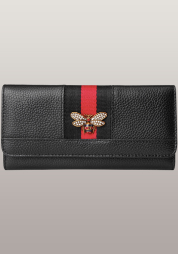 Bee Long Wallet Grain Leather With Stripe Black