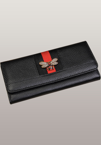 Bee Long Wallet Grain Leather With Stripe Black