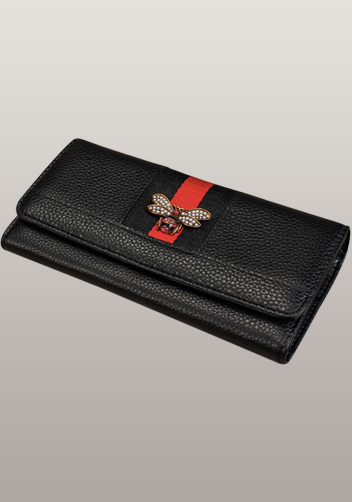 Bee Long Wallet Grain Leather With Stripe Black