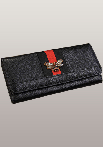 Bee Long Wallet Grain Leather With Stripe Black