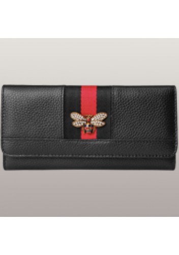 Bee Long Wallet Grain Leather With Stripe Black
