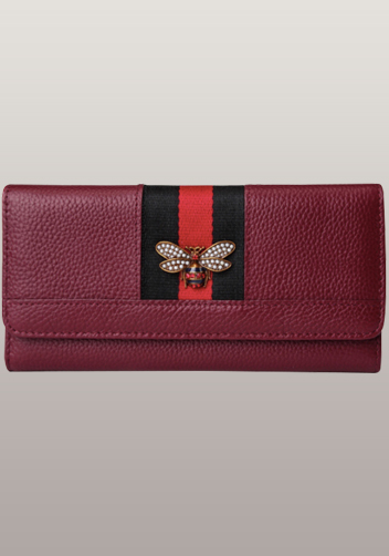 Bee Long Wallet Grain Leather With Stripe Burgundy