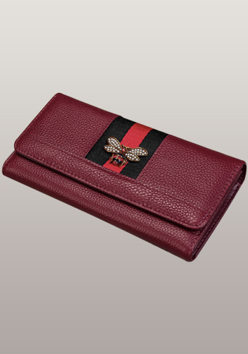 Bee Long Wallet Grain Leather With Stripe Burgundy