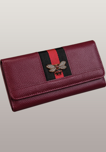 Bee Long Wallet Grain Leather With Stripe Burgundy