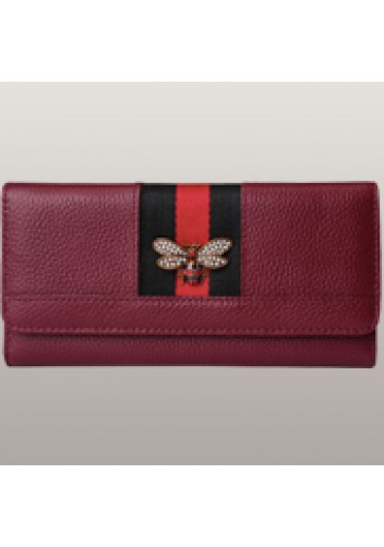 Bee Long Wallet Grain Leather With Stripe Burgundy