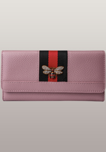Bee Long Wallet Grain Leather With Stripe Pink