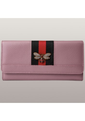 Bee Long Wallet Grain Leather With Stripe Pink