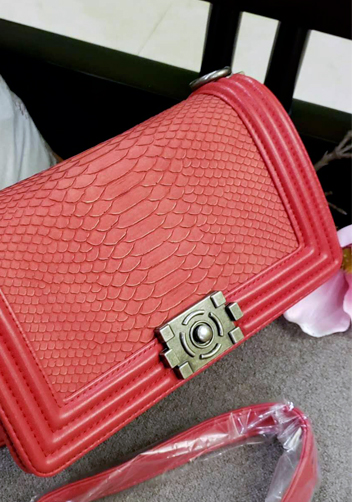 Ingrid Snake Pattern Leather Flap Bag Red