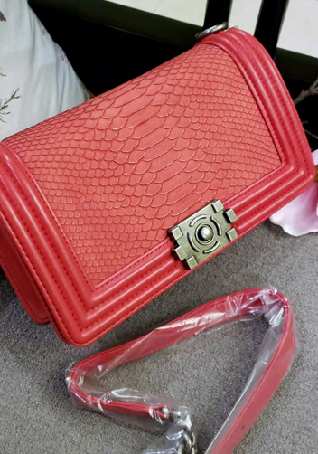 Ingrid Snake Pattern Leather Flap Bag Red