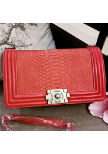 Ingrid Snake Pattern Leather Flap Bag Red