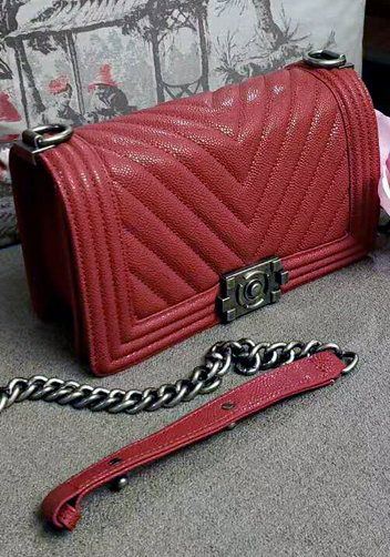 Ingrid V Shape Caviar Leather Flap Dark Red