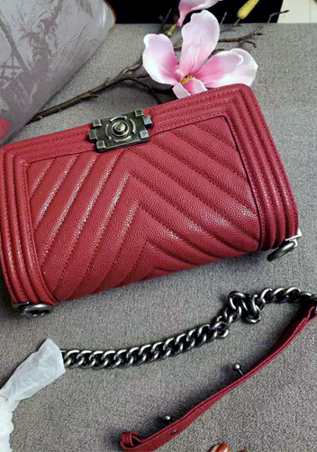 Ingrid V Shape Caviar Leather Flap Dark Red
