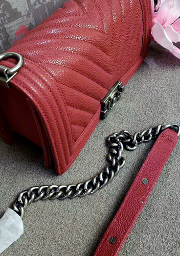 Ingrid V Shape Caviar Leather Flap Dark Red