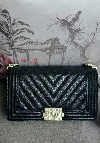 Ingrid V Shape Caviar Leather Flap Black