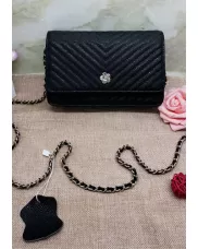 Adeline Grain Leather Mini V shape Shoulder Bag Black