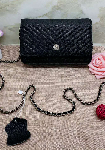 Adeline Grain Leather Mini V shape Shoulder Bag Black