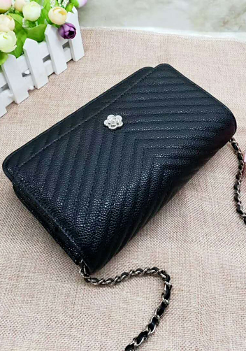 Adeline Grain Leather Mini V shape Shoulder Bag Black