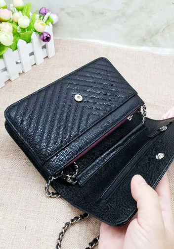 Adeline Grain Leather Mini V shape Shoulder Bag Black