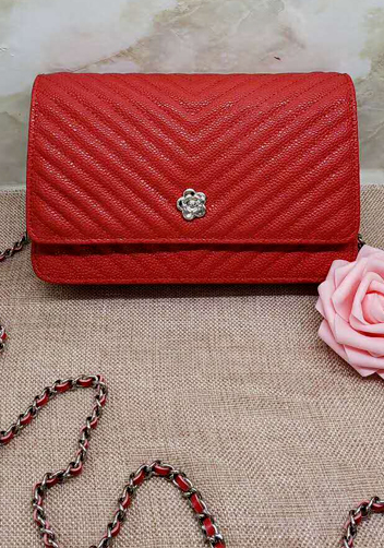 Adeline Grain Leather Mini V shape Shoulder Bag Red