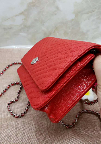 Adeline Grain Leather Mini V shape Shoulder Bag Red