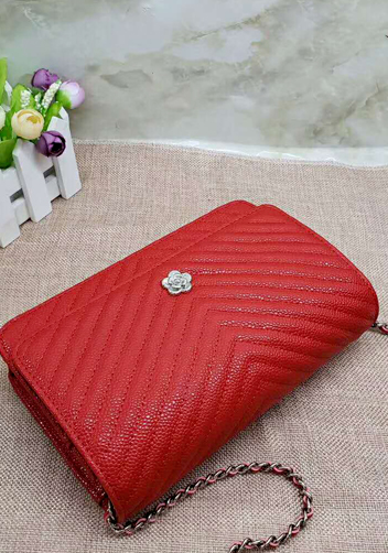 Adeline Grain Leather Mini V shape Shoulder Bag Red